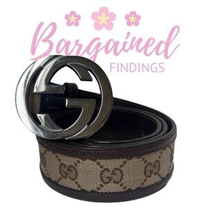 Auth GUCCI Brown Monogram Canvas Leather Silver Interlocking G Buckle Belt 85/34